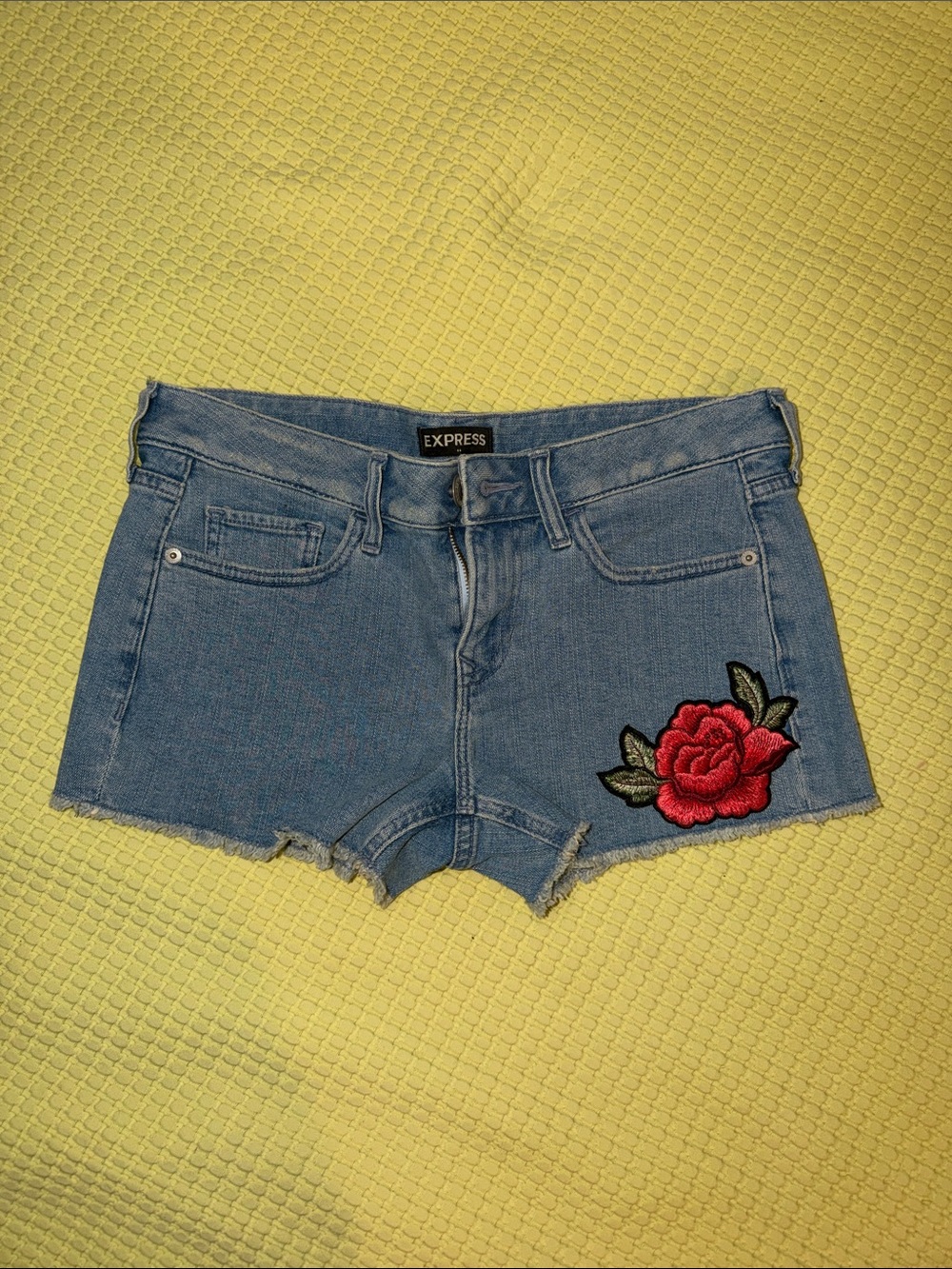 Express Blue Denim Cutoff Shorts with Rose Patch